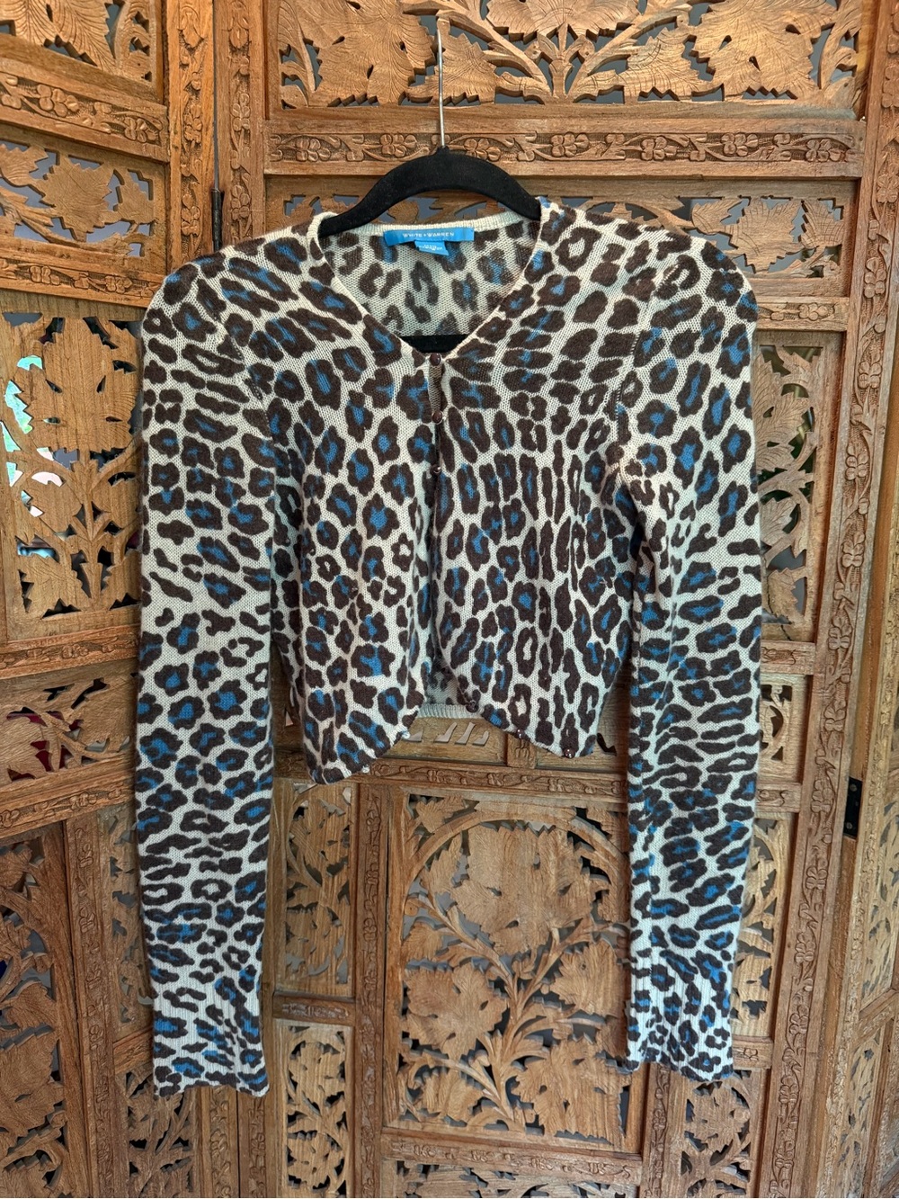 White + Warren Leopard Print Cropped Cardigan in Brown, Cream & Blue